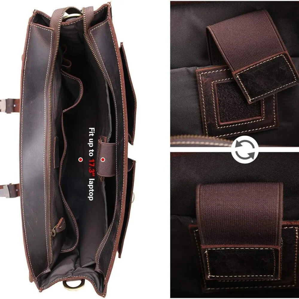 Mens Full Grain Leather Laptop Briefcase Business Messenger Bag Satchel With YKK